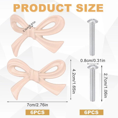 Six Pack Bow Shaped Cabinet Knobs With Screws In Light Pink, Vintage Style Drawer Pulls, size dimensions detailed view