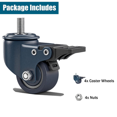 Heavy Duty M8 1.25 Threaded Stem Caster Wheels Set Of 4 1.6 Inch Swivel PU Castors With Locking Brake Blue