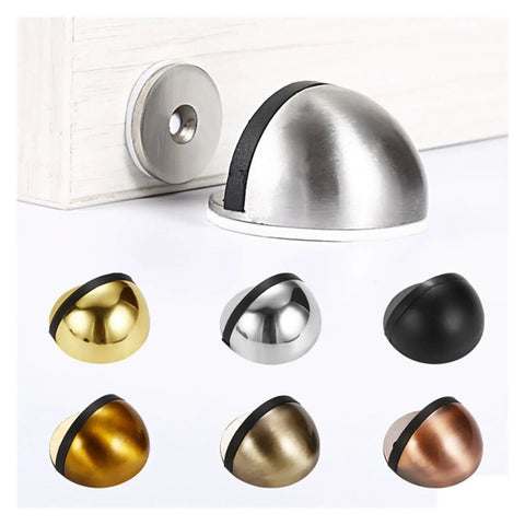 Heavy Duty Magnetic Dual Door Stopper With Nail Free Wall And Floor Mount Catch Bumper In Green Bronze, various finishes displayed.