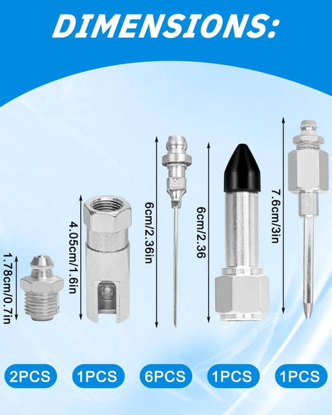 Dimensions of Nine Piece Grease Gun Needle Nozzle Kit With Slotted Fittings, Rubber Nipples And Stainless Steel Injector Needles