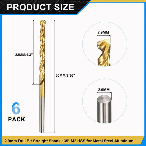 2.9mm Drill Bit Set M2 High Speed Steel TiN Coated 135 Degree Split Point Straight Shank For Stainless Steel Hard Metals And Precision Metalworking Projects 6 Pack