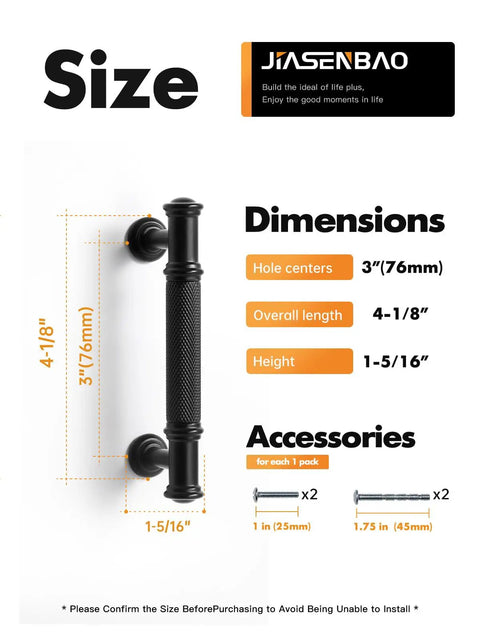 5 Pack Matte Black Cabinet Pulls With 3-Inch Center Hole, Durable Zinc Alloy Handles showing dimensions and screws included.