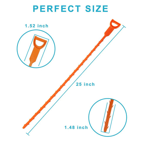 Orange 25 inch hair drain cleaner tool kit showing measurements and design details for hair clog removal