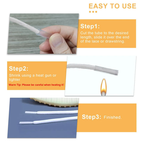 Fix Your Laces Like A Pro With This 50Pk Heat Shrink Aglets Repair Kit steps showcasing hand applying clear plastic tube.