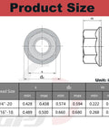 Product size diagram for Kickass Heavy Duty 1/4-20 Serrated Flange Hex Nuts 304 Stainless Steel with dimensions in inches.