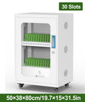Premium White Aluminum Charging Cabinet Featuring Secure Locking Drawers For Thirty Laptops Tablets And Phones with green slots.