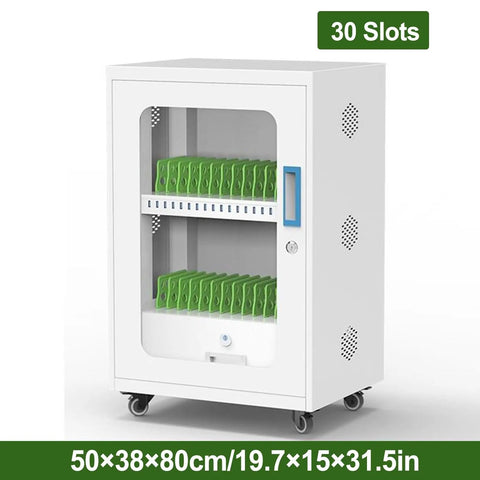 Premium White Aluminum Charging Cabinet Featuring Secure Locking Drawers For Thirty Laptops Tablets And Phones with green slots.