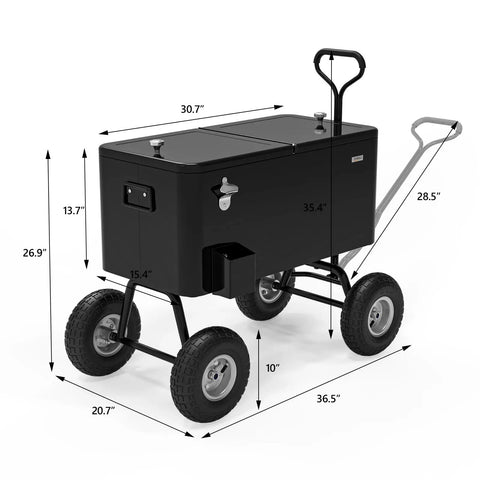 80 Quart Rolling Cooler Wagon With Long Handle And 10 Inch Wheels For Beach Patio Party Beers And Beverages On The Go Portable Ice Chest Keeps Drinks Cold For Hours With Easy Roll Mobility And Weatherproof Design, side view with dimensions