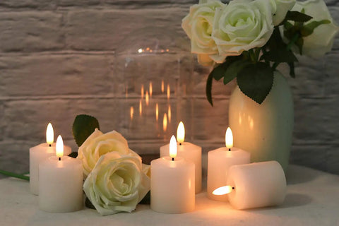 Six Pack Flameless Pillar Candles With 3D Flame, Battery-Operated Real Wax LED Votive Candles on table with roses