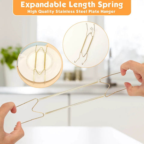 Set Of Seven Invisible Plate Hangers For Wall Display Featuring Stainless Steel Hooks In Four Six Eight Ten And Twelve Inch Sizes No Sweat Setup To Show Off Your Decor Built Tough, showing a spring plate hanger in use.