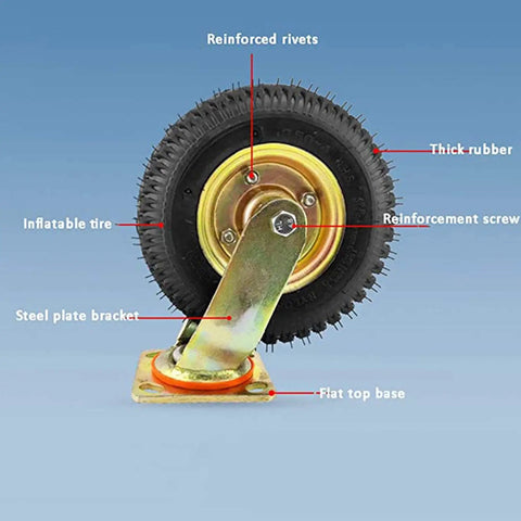 8 Inch Heavy Duty Pneumatic Rubber Caster Wheels Featuring Smooth Rolling Ball Bearings And Hella Sturdy Swivel Mechanism for sturdy steel plate bracket and thick rubber tire.