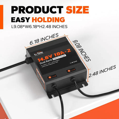 Heavy-Duty Dual 10A 2-Bank Smart Battery Charger For LiFePO4 And Lead Acid Batteries, 14.6V Output, 90-260V AC Input, Fuse Protected, LED Indicator, Built For RVs, Boats, Motorcycles, Lawn Mowers, Trolling Motors