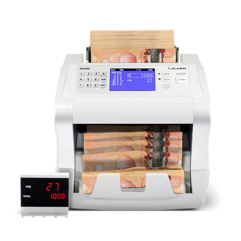 Fast Mixed Currency Money Counter That Handles US Dollars Euros Canadian Dollars British Pounds And Mexican Pesos With Quick Counting And 5 Point Counterfeit Detection UV MG IR DD MT DBL HLF CHN S6500 displaying Canadian currency