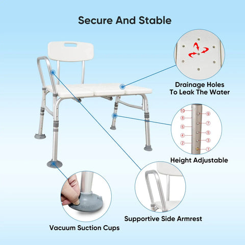 Heavy Duty Bathtub Transfer Bench With Back And Arm Rests, Height Adjustable, Non Slip Feet, No Tools Required Assembly, Supports Up To 330 Lbs.