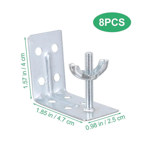 Eight Pack Iron L Shaped Curtain Brackets With Wingnuts Adjustable Wall Mounts, detailed dimensions displayed