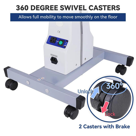 Heavy Duty Motorized Lift Table With Wheels And Black Chassis For Medical Optics Dental Beauty Kit 26 To 32 Inches Adjustable height stand with 360-degree swivel casters.
