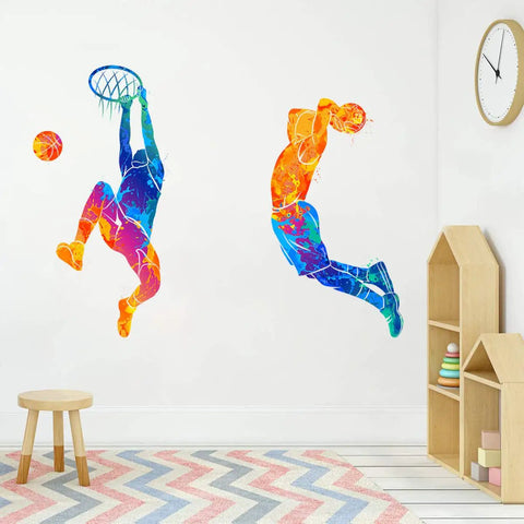 Watercolor Basketball Player Dunk Wall Stickers Dope For Boys And Teens Silhouette Peel And Stick Removable Wall Decor Art Murals