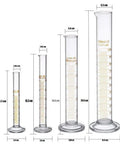 Beefy Thick Glass Graduated Cylinder Set Borosilicate Glass 5ml 10ml 50ml 100ml With 2 Cleaning Brushes Pro Grade Lab Glassware For Chemistry Experiments, showing four different sizes with measurements.