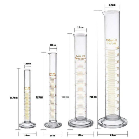 Beefy Thick Glass Graduated Cylinder Set Borosilicate Glass 5ml 10ml 50ml 100ml With 2 Cleaning Brushes Pro Grade Lab Glassware For Chemistry Experiments, showing four different sizes with measurements.