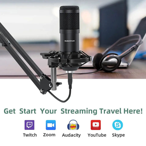Studio setup with Pro Grade USB Condenser Podcast Microphone Kit With 192KHz 24Bit Audio For Recording Streaming Gaming Voiceover