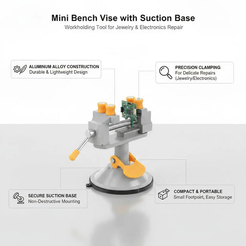 Ultimate Mini Bench Vise With Suction Base, Top Notch Aluminum Alloy Clamp Perfect For Jewelry And Electronics Repair, compact design with suction base.