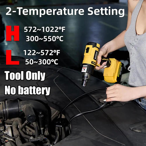 Cordless Heat Gun 350W Fast Heating 572F-1022F 300C-550C shown with two temperature settings next to car engine