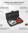 Heavy Duty 16 Piece Manual Hole Punch Plier Set for leather, sheet metal, rubber, and plastic in an open black case with inserts.