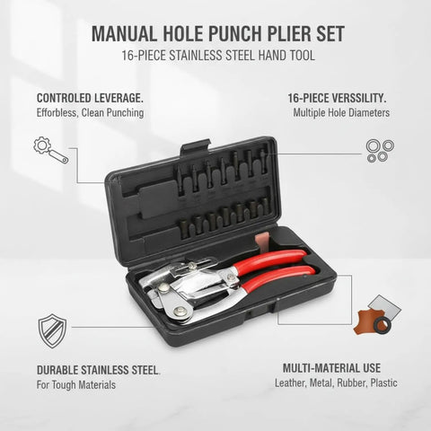 Heavy Duty 16 Piece Manual Hole Punch Plier Set for leather, sheet metal, rubber, and plastic in an open black case with inserts.