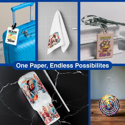 Pro Grade Sublimation Paper 8.5 x 11 Inch 100 Sheets For Heat Transfer Tumblers Mugs T Shirts Phone Cases Printable Stickers DIY Gifts Christmas Enthusiasts showcasing customized items like luggage tags, towels, keychains, tumblers, and ornaments.