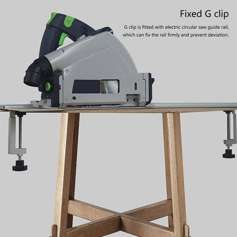Adjustable Aluminum Clamp for Table Guide and Woodworking securing saw on table, showing rock solid grip for stable accurate cuts.