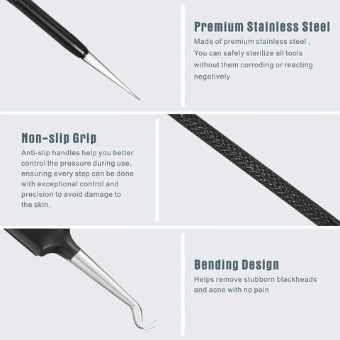 6 Piece Pimple Popper Kit With Stainless Steel Comedone Extractors For Blackhead Removal featuring close-up of tools and textured grips.