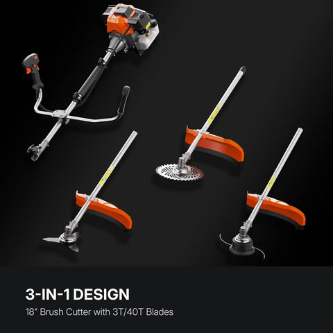 Beast 52cc Gas Weed Eater 3 In 1 Trimmer Edger Brush Cutter with 18 Inch Cutting Path shown with 3T and 40T blades