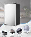 Sleek 3.2 Cu Ft Upright Mini Freezer With Adjustable Removable Shelves And Dope Silver Cabinet with a reversible door and adjustable foot.