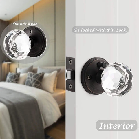 10 Pack Crystal Glass Round Doorknobs With Oil Rubbed Bronze Base Interior Privacy Locks shown in bedroom setting