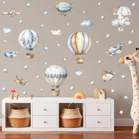 Watercolor Hot Air Balloon Wall Stickers Set With Airplane And Cloud Vinyl Decals Removable DIY Wall Art For Kid Rooms