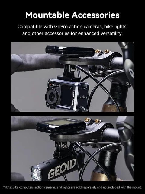 Out Front Bike Computer Mount For Roadies Universal Front Mount Fits Garmin Wahoo Bryton with GoPro and light attached on handlebars