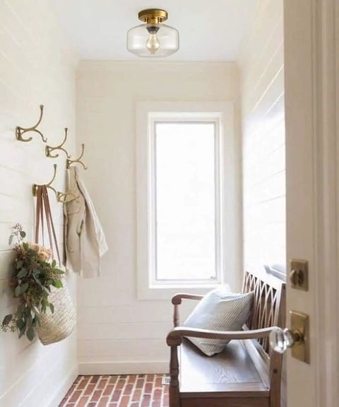 Modern Small Semi Flush Mount Ceiling Light With Glass Drum Shade Brass Gold Finish 1 Light Hallway Fixture ETL Listed