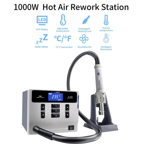 Lead Free 1000W Hot Air Soldering Station With Digital LCD Display For PCB Repairs BGA Rework SMD Desoldering Auto Sleep Mode.