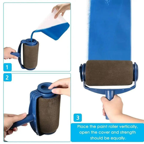 Ditch The Messy Old School Rollers With This Seamless Paint Brush Kit featuring a blue paint roller, pouring paint, and instructions.