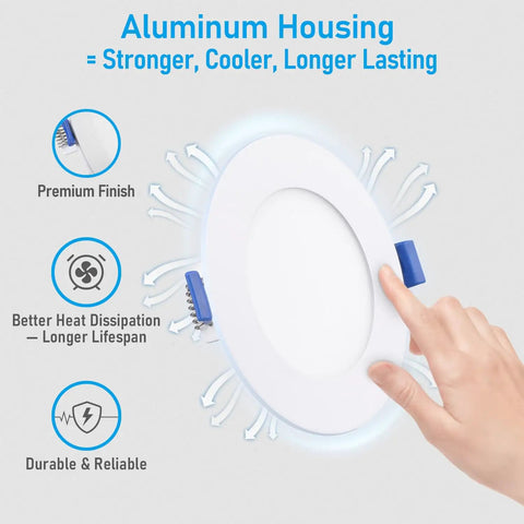 Hand touching Slick Ultra Thin 4 Inch LED Recessed Light With Junction Box, Dimmable 5 Percent To 100 Percent, CRI90, 5000K Daylight