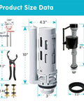 Dimensions of 2 Inch Dual Flush Toilet Repair Kit With Metal Tool And Bolt showing various component measurements.