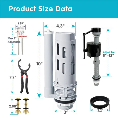 Dimensions of 2 Inch Dual Flush Toilet Repair Kit With Metal Tool And Bolt showing various component measurements.