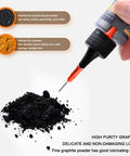 Dry Graphite Lubricant Powder For Locks And Keys 50ml Pro Grade Long Lasting No Dust Lube With Needle Tube shown dispensing powder