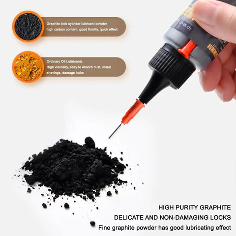 Dry Graphite Lubricant Powder For Locks And Keys 50ml Pro Grade Long Lasting No Dust Lube With Needle Tube shown dispensing powder