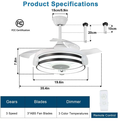 Diagram showing the 35 Inch Retractable Ceiling Fan with Remote, dimensions, 3 speeds, 3 ABS fan blades, and color temperatures.