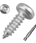 Dead Set Solid 304 Stainless Steel Security Screws In A Bulk Pack Of One Hundred Pieces With Tamper Proof Pin In Star Drive For Fence Deck Outdoor Work And Comes Fully Stacked With The Matching Driver Bit To Keep The Job Moving Smooth - close-up of screw and driver bit.