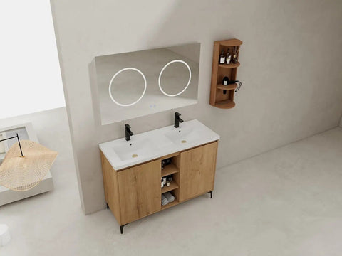 48 Inch Double Sink Bathroom Vanity With Soft Close Cabinet Doors, Dual Resin Sinks, And Modern Oak Finish from above view.