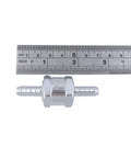 Stainless steel one-way fuel check valve with dual barbed hose fittings, side view