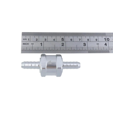 Stainless steel one-way fuel check valve with dual barbed hose fittings, side view