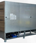 Commercial Three Door Reach In Freezer With Heavy Duty Stainless Steel Build ETL Certified Upright Setup 64 Cubic Foot Capacity side view with wheels.